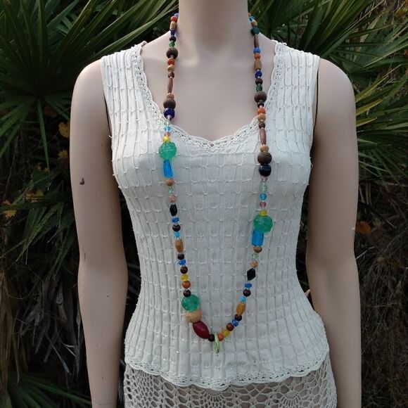 HANDMADE X-Long Multicolored Glass & Wood Beaded Necklace with Moving Ring - Picture 1 of 7